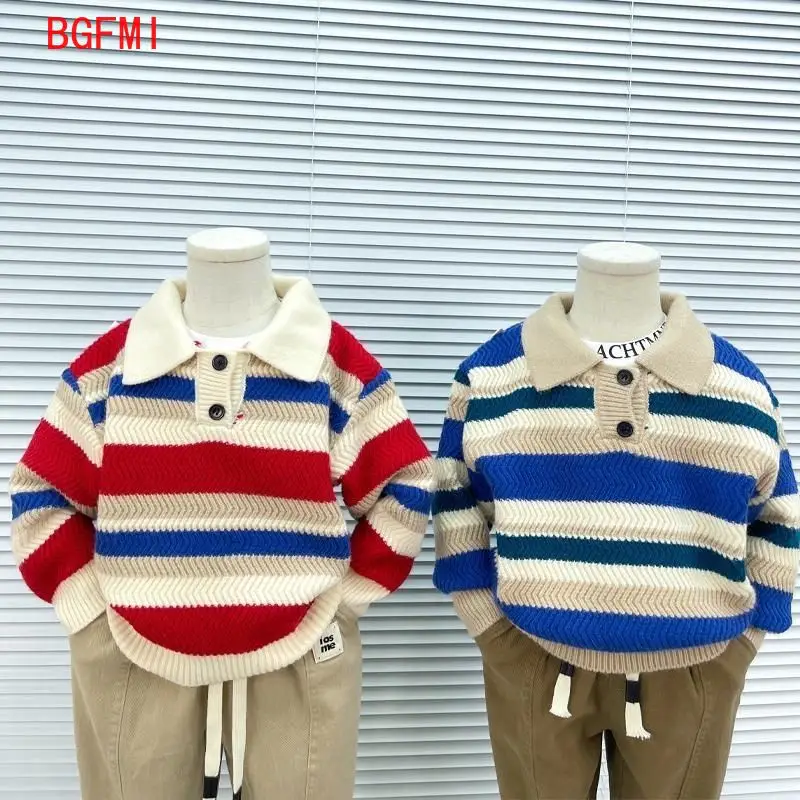

New Boys Sweater Thick Striped Knitted Sweater Kids Autumn Winter Pullover Children Casual Top Toddler Baby Kid POLO Collar Coat