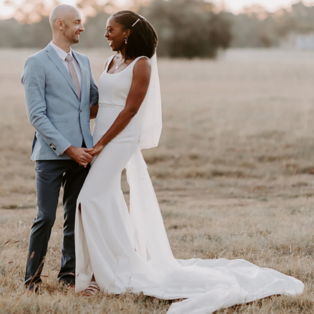 Vestido de novia minimalista sin espalda de crepé con cuello cuadrado, envío directo, personalizado, de talla grande, tubo Simple, vestidos de novia con abertura baja de satén