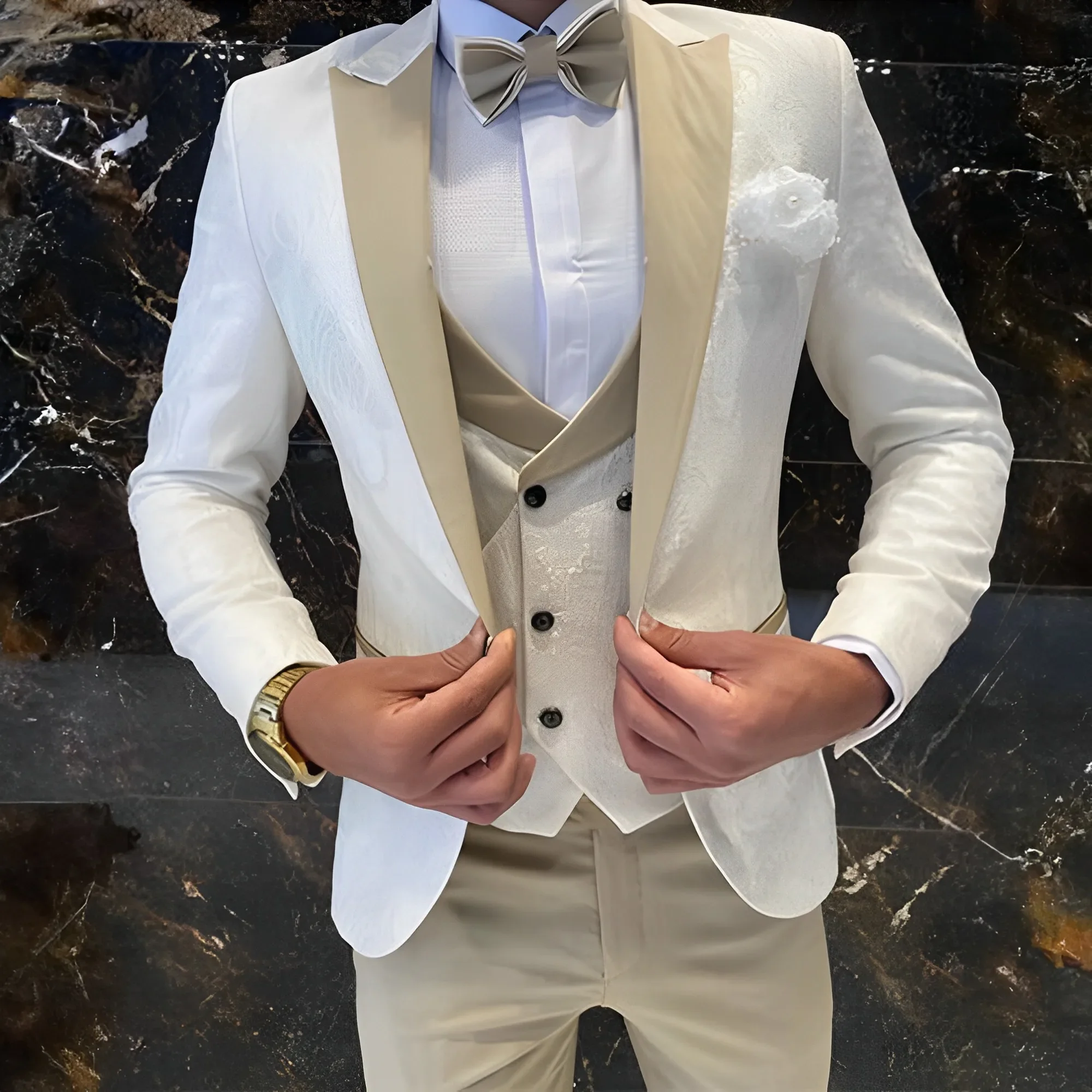 Ivory Men's Wedding Groom Suit 3 Piece Jacket Pants Vest Formal Tuxedo Elegant Men's Custom Suit  Bow tie not Included