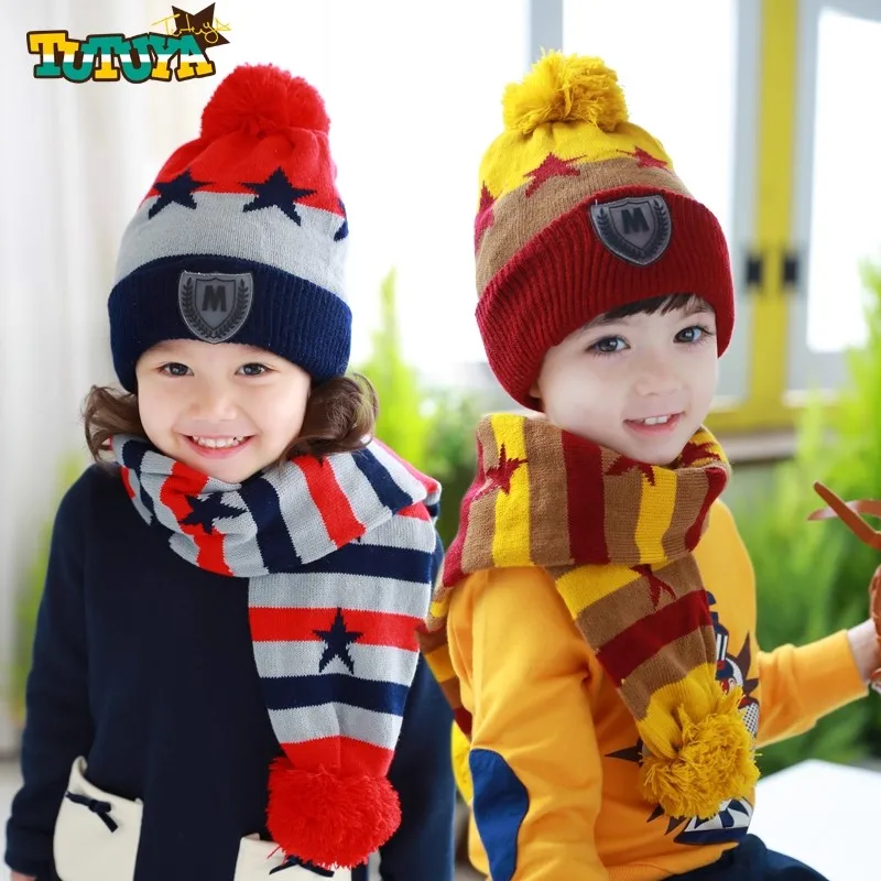 1-3 Years Kids Warm Knitted Hat And Scarf Set Children Autumn Winter Hat Soft Knitted Cap Bonnet Infant Kids Hat For Boys Girls