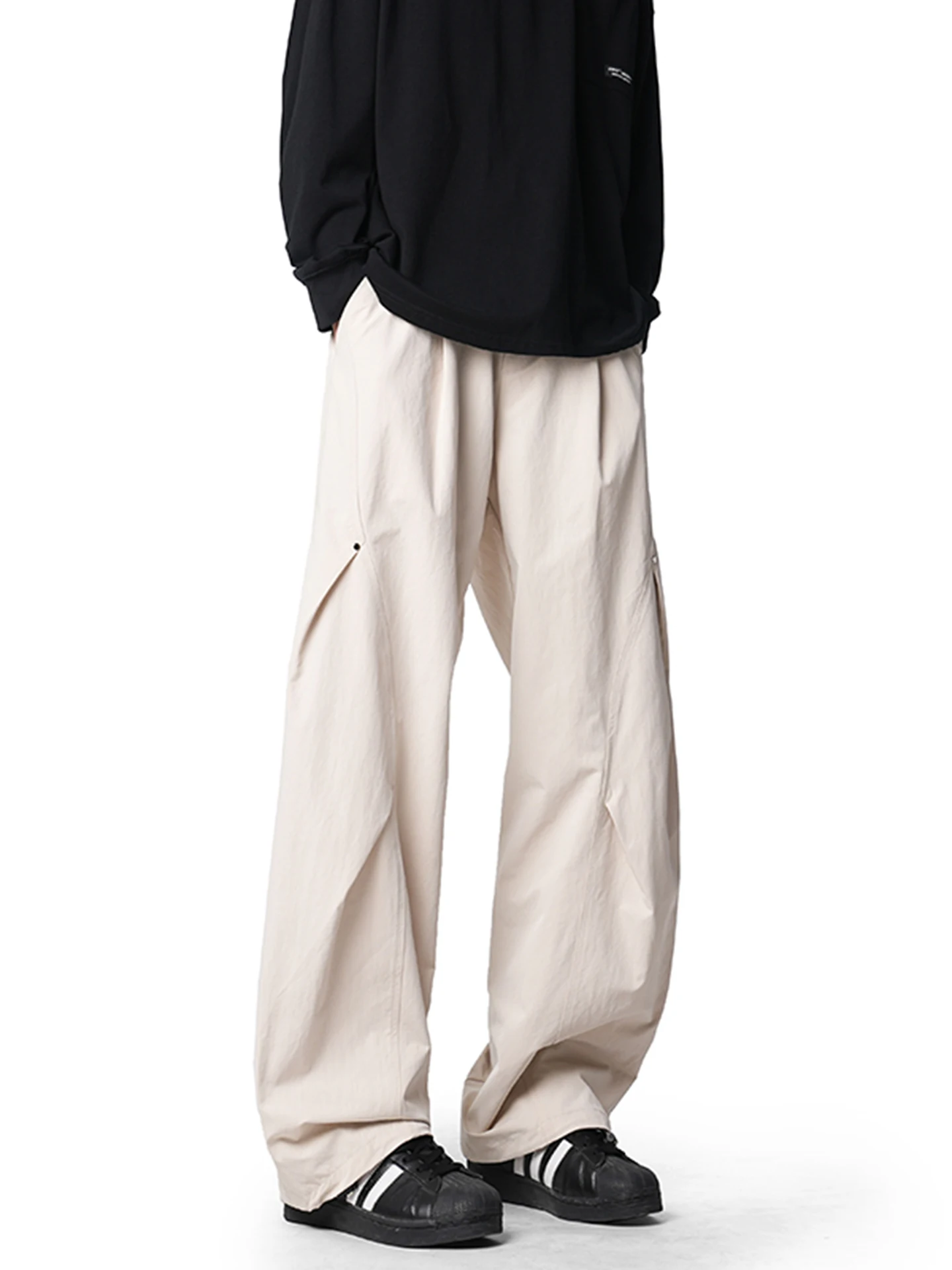 

Casual Men's Outdoor Sports Loose Straight Leg Pants Spring Autumn Polyester Fiber mid Waist Bule Folded Hemline Trousers