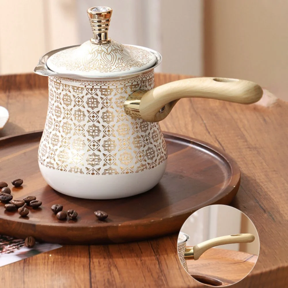 550ml Turkish Coffee Pot Long Wooden Handle Stainless Steel Milk Pot V Shape Diverter Port Arabic Style Butter Melting Pot