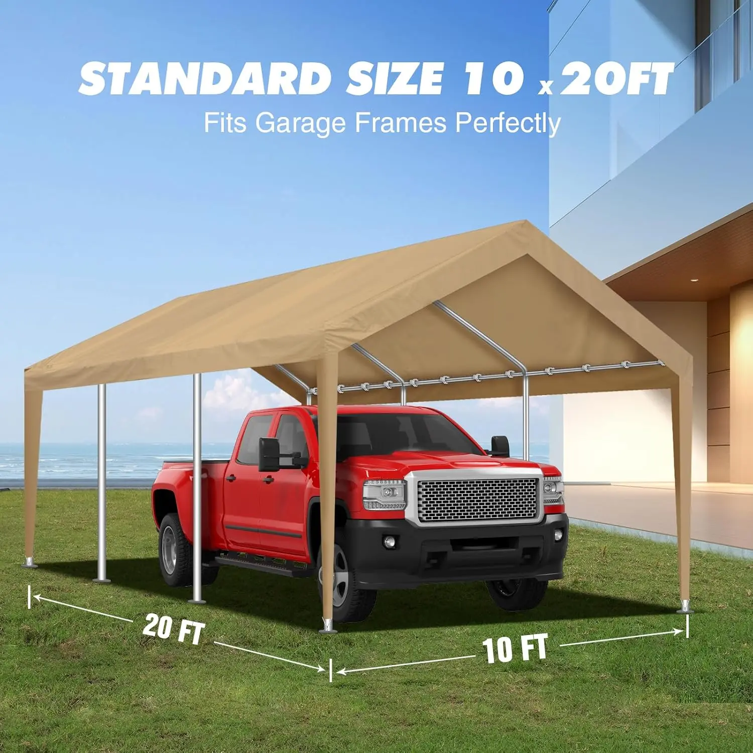 10x20Ft Carport Canopy Replacement Cover Heavy Duty Waterproof UV Protected All Weather Car Shade Canopy Ball Bungees Beige 10x2