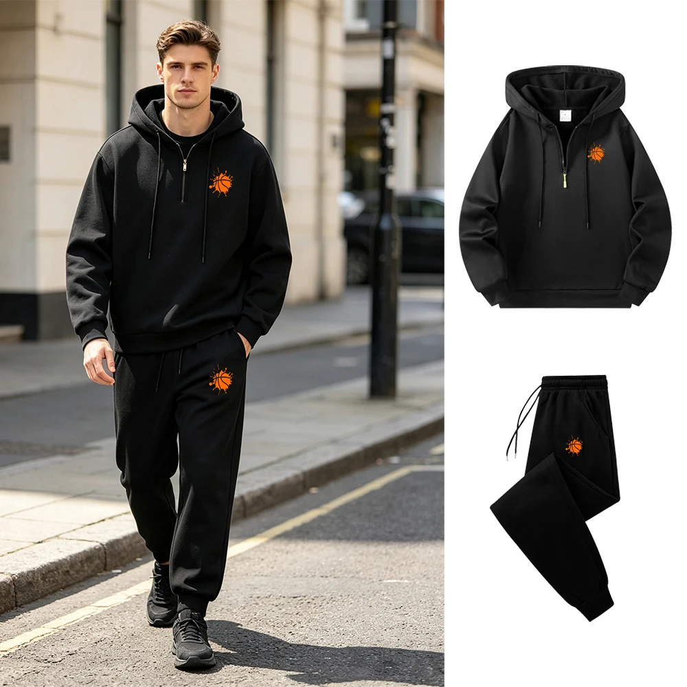 Men’s Basketball Graffiti Print Sportswear Set Half Zip Hoodie And Joggers 2 Piece Set For Daily Fitness Commute And Casual Wear