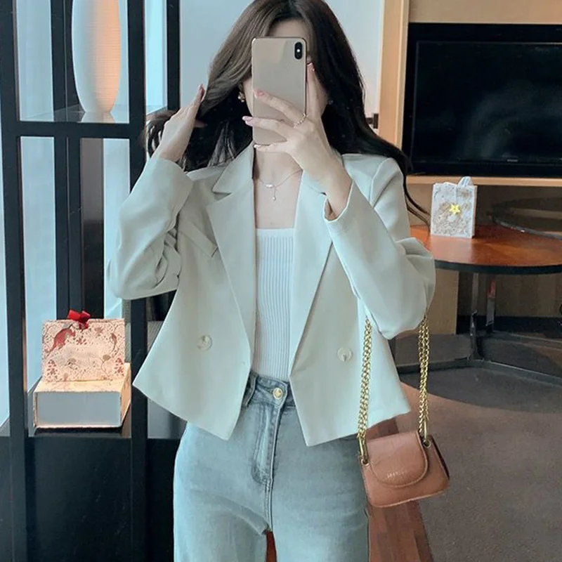 Fashion Long Sleeve Cropped Blazers Women Autumn Single-Button Solid Color Blazer Woman All Match Office Suit Jacket Female