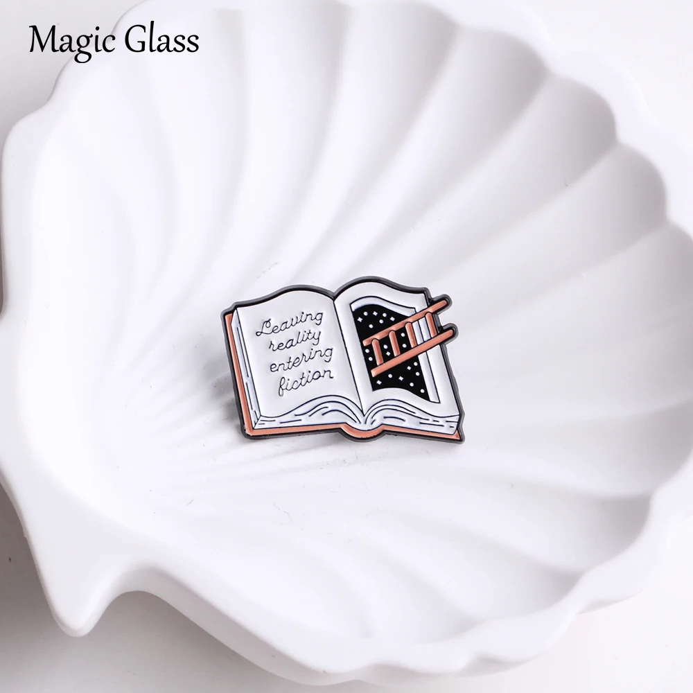Leaving Reality Entering Fiction Enamel Pin, Open Book With Starry Sky Ladder Lapel Brooch, Book Lover Quote Badge Decor Gift