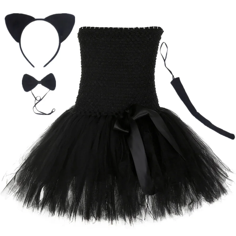 Girls Black Cat Tutu Dress Children Birthday Party Tulle Dresses Carnival Halloween Kitty Cosplay Costume for Kids Fancy Clothes