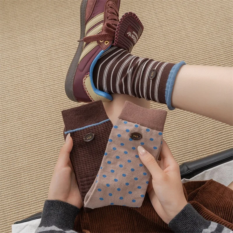 3 Pairs Retro Dot Striped Button Socks for Women Coffee Brown Mid-Calf Women's Long Socks Cotton Grip Socks High Quality 2025