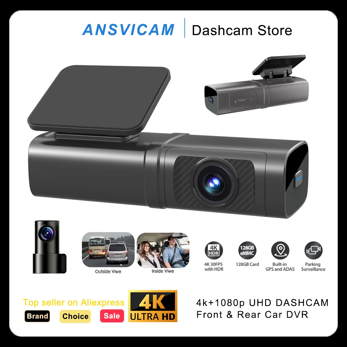 

ANSVICAM 4K Dual Dash Cam Front & Rear Car Camera Recorder with GPS 24H Parking Mode G-Sensor Loop Recording WDR Night Vision