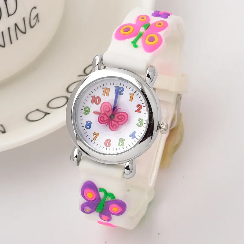 Neues Design Uhr für Kinder 3d Cartoon Schmetterling Gummi Quarz Armbanduhr Student Mädchen bunte süße Uhren Jungen Geschenk Uhr