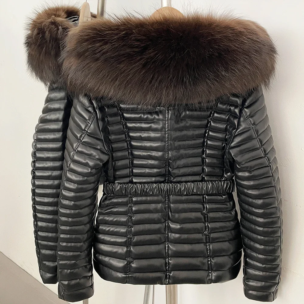 OFTBUY Damen Winter-Daunenjacke mit Echtem Pelzkragen, Gürtel, Langer Puffermantel mit Kapuze, Warme Modische Lässige Oberbekleidung – Detail 12