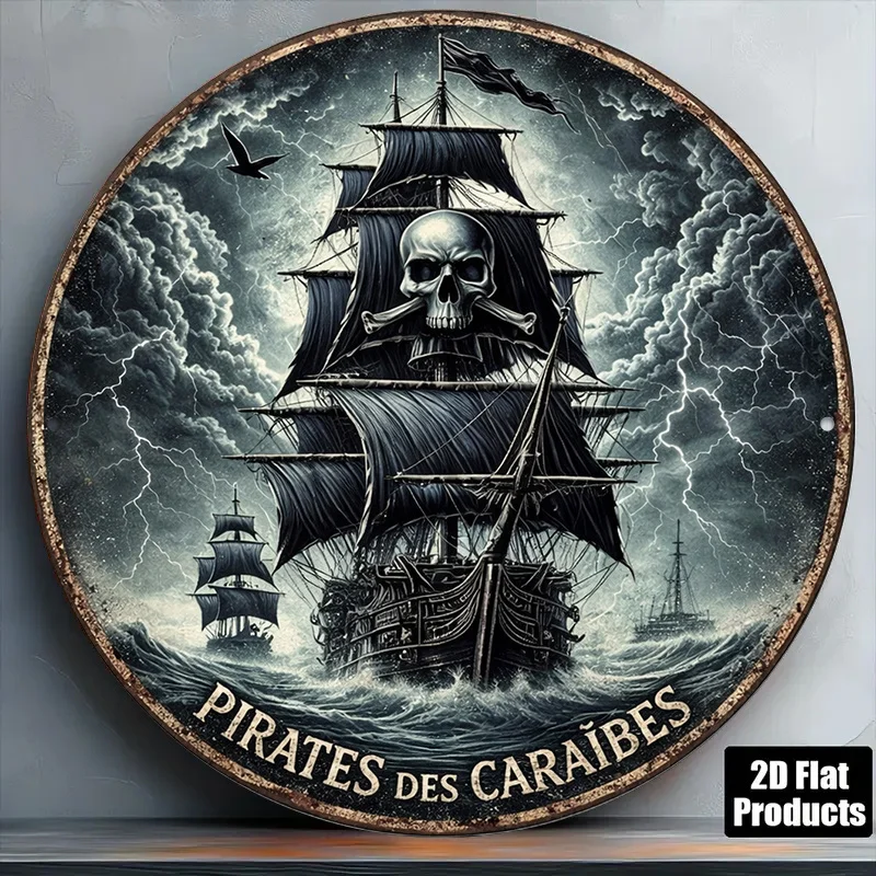 2D Flat - 1pc 8*8In/20X20Cm 2D Flat Round Sign, Vintage Plaque about Pirates, Caribbean Pirate Decorative Sign, Suitable for Bar