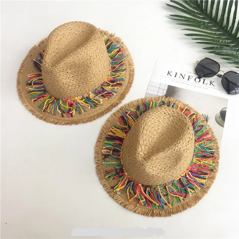 2024 Fashion Coloerfull Tassel Ribbon Decorate Straw Hat Shading Sun Hat Lady Fashion Beach Hat Jazz Summer Cap for Woman