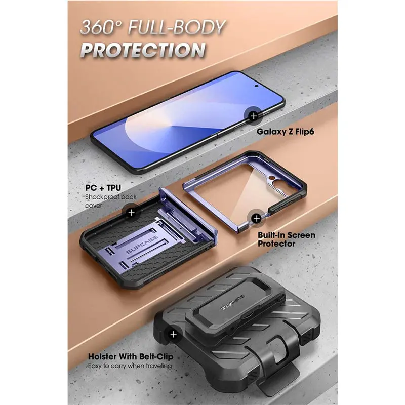 SUPCASE For Samsung Galaxy Z Flip 6/5 Case UB Pro Hinge Protection Dual Layer Rugged Protective Case with Holster & Kickstand