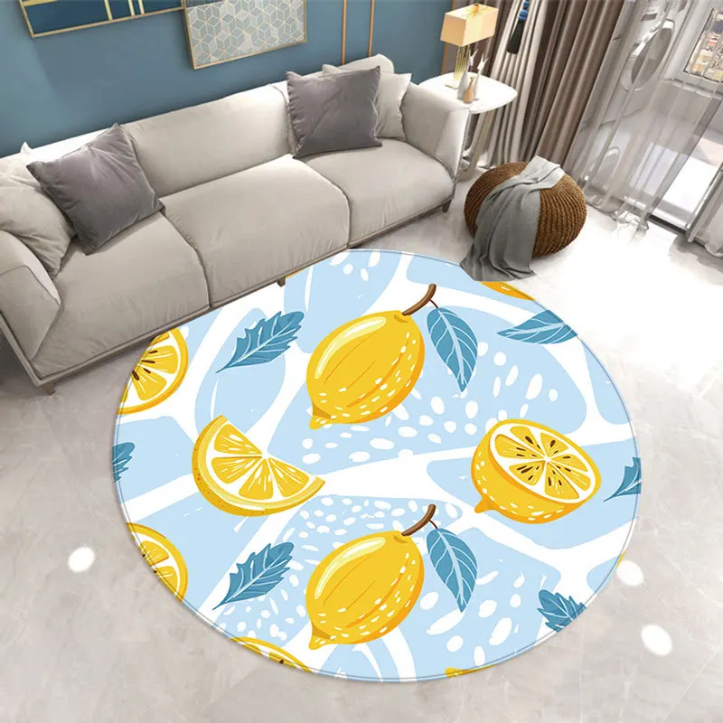 Rustic Lemon Print Round Carpet – Yellow Citrus Design Anti-Slip Floor Mat for Living Room, Sofa or Wardrobe Area Decor