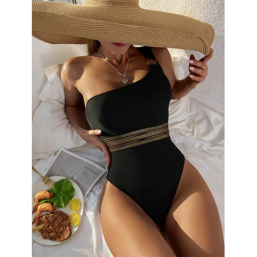 Imagen 2 del producto Traje de baño negro de una pieza 2025, traje de baño Vintage de un hombro para mujer, traje de baño, ropa de playa, Monokini, trajes de baño para mujer