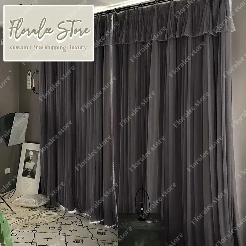 

French Lace Double-layer Dark Gray Tulle Window Curtains For Living Room Bedroom Dining Balcony Bay Window Small Curtain Decor