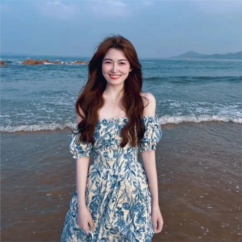 

Summer Women's Dresses Sexy Bandage Print Long Dress French Puff Sleeve Dresses Fashionable Style Resort Beach Skirts