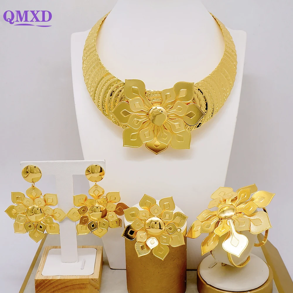 Dubai Big Jewelry Sets For Women Vintage Flower Charms Gold Color Plated Necklace Earrings Ring Bracelet Sets Bride Wedding Gift