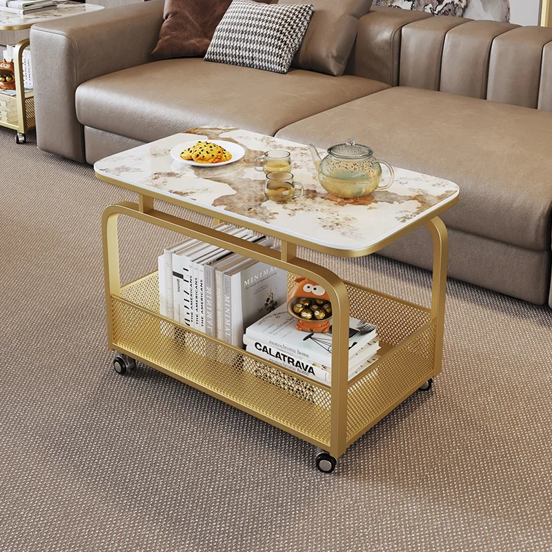 イタリア製の岩板を使用したリビングルーム用の移動式シンプル二層収納エッジ、少数のコーナーが付いたミニマリストカート