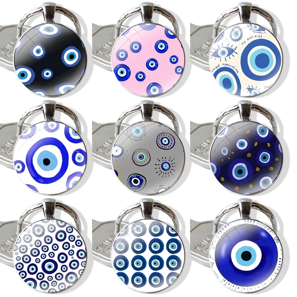 Nazar Turkish Evil Eye Circular Keychain Handmade Glass Cabochon Key Ring Holder Pendant Key Chains