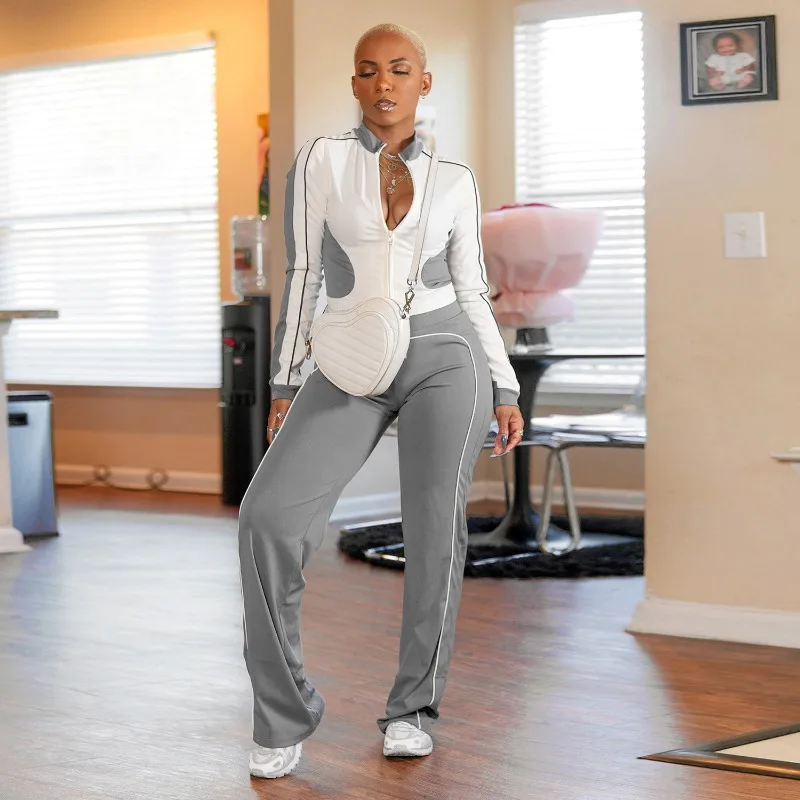 

2025 Autumn Color Patchwork 2 Piece Set Women Tracksuits Long Sleeve Zipper Sweatshirts Tops + Straight Pants Casual Suits