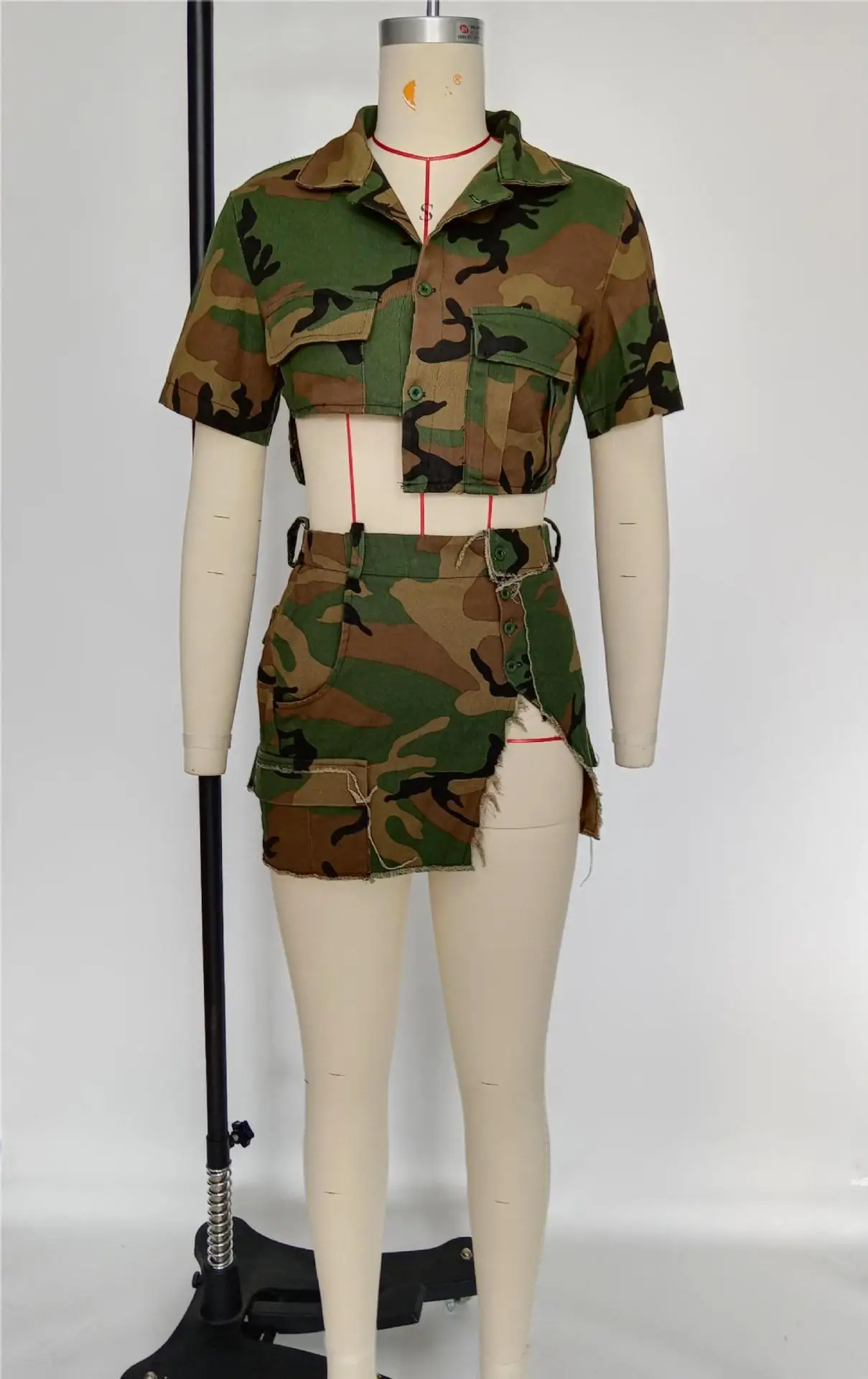 Women's Spring And Summer Sex Appeal Fashion Camouflage Cloth Pocket Irregular Blouse Sexy Skirt Suit Two-Piece Set