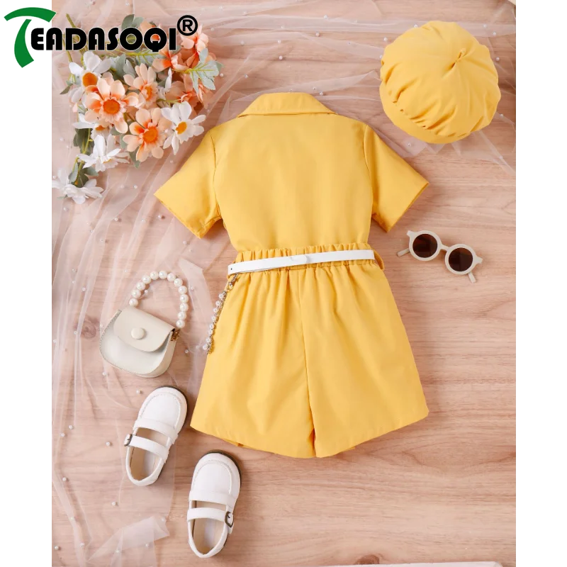 4-7Y Kids Clothes Girls Suit Short-sleeved Lapel Blazer Top+Pleated Skirt+Beret Hat 2024 Summer Children's Costume 3Pcs Set