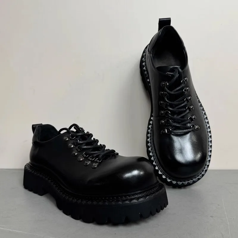 Shoe Shoes for Men Loafers High Sense Versatile Commuting Leather Round Head Shoes Black Thick Soled Casual Leather Shoes