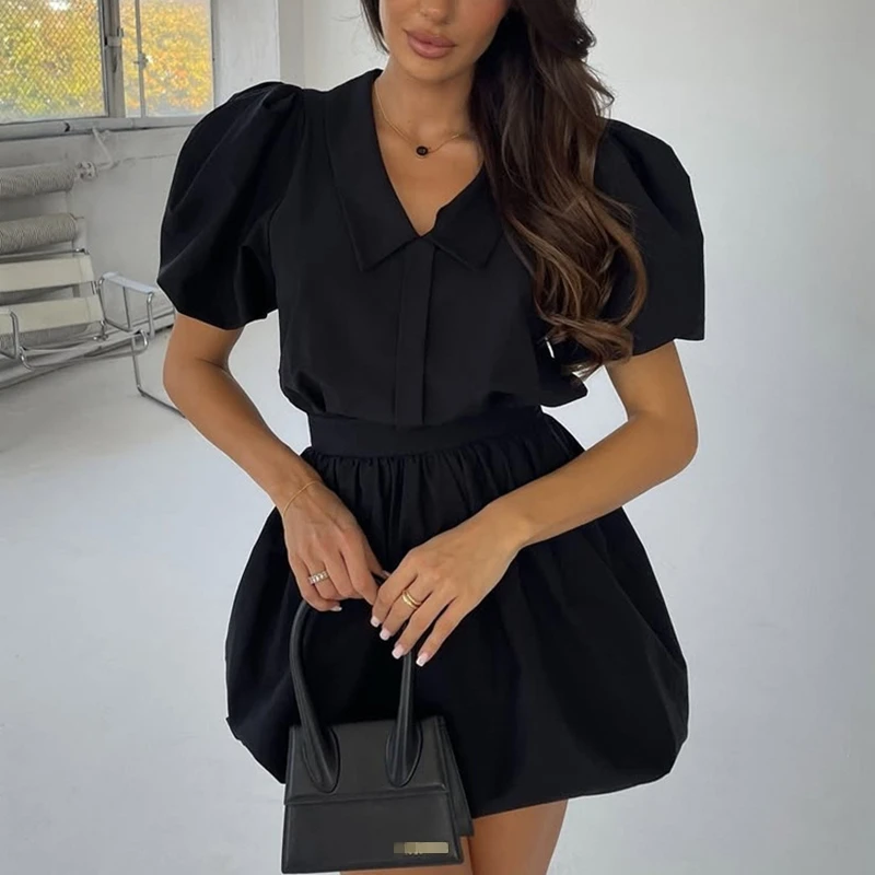 

Women 2 Piece Skirt Set Lapel Collar Puff Sleeve Tops High Waist Puffy Skirt Elegant Commuter Ensemble Conjunto Dos Piezas Mujer