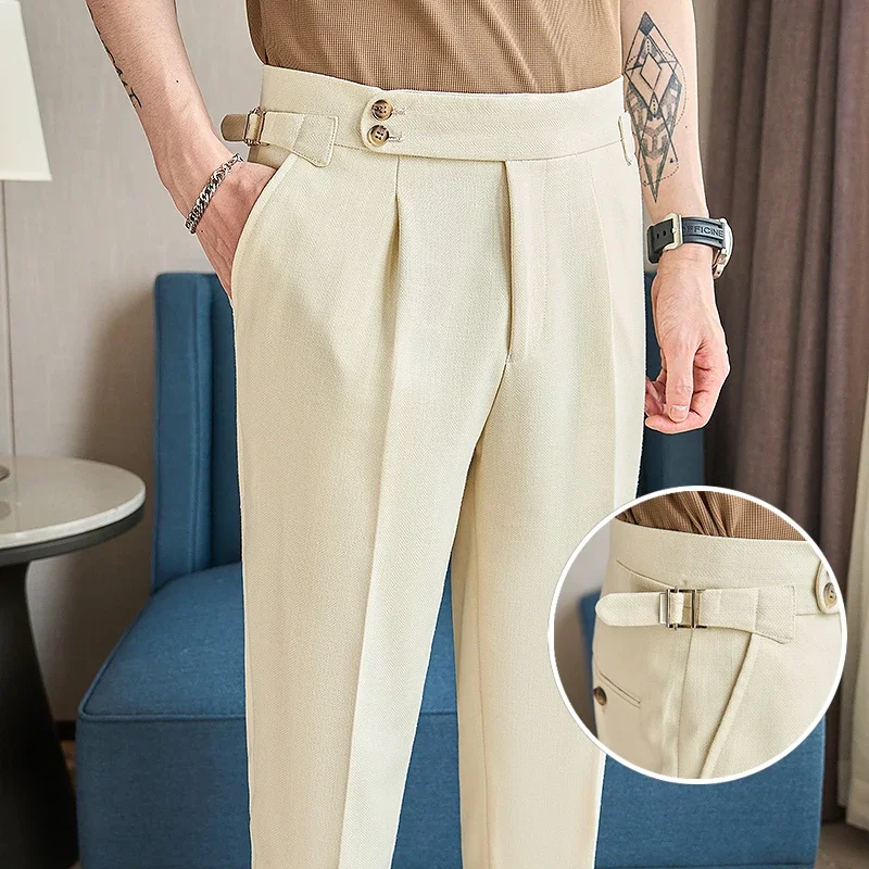 British Style Naples Men\'s High-end Linen Pants High Waist Straight Slim Fit Casual Trousers High Quality Solid Social Suit Pant