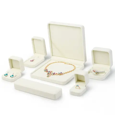 WoodTen Velvet Ring Jewelry Box Beige Earring Box Necklace Bracelet Storage Case Jewelry Organizer Jewelry Gift Box for Wedding