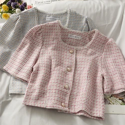 Beaded Round Short Sleeve Tweed Top Women Single-breasted Cardigan Jacket Pink Plaid Shirts Crop Button Blusas Mujer Camisas