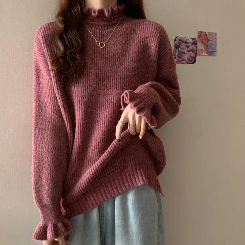 Women Ruffles Thicken Warm Sweater Mock Neck Flare Sleeve Sweet Pullovers Solid Casual Sweater For Women 2024 Fall Winter