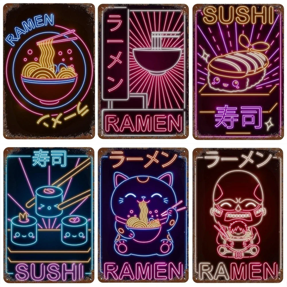 Japanese Wave Ramen Sushi Cat Posters Neon Design Japan Culture Retro Kawaii Cuisine Metal Tin Sign Plaque Room Wall Art Decor