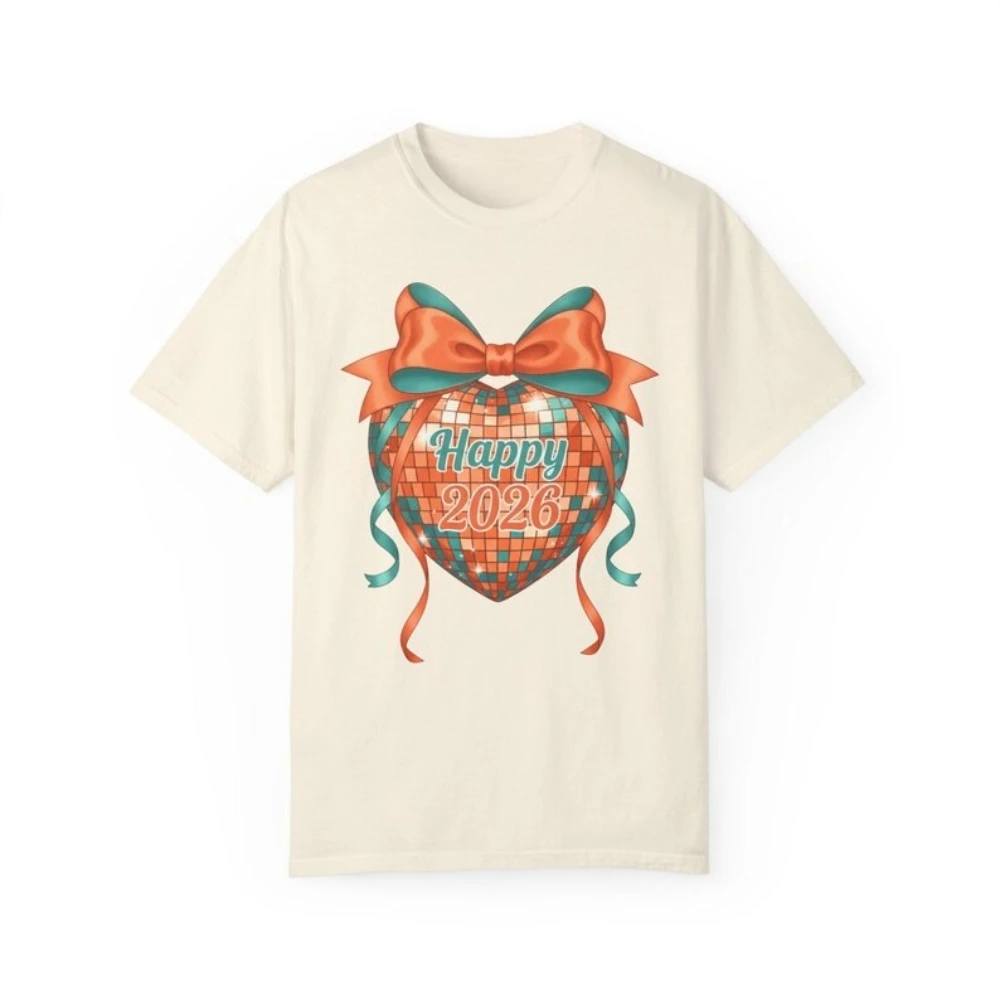 2026 السنة الجديدة تي شيرت القلب ديسكو التصميم الإبداعي المحملة المرأة موضة السنة الجديدة حفلة قميص عطلة رائجة البيع بلايز عادية القطن المحملة #5