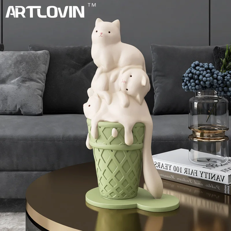 ARTLOVIN Ice Cream Cat Sculpture Resin Figurines For Bookcase Shelf Modern Home Room Decor Creative Animal Figures Best Gift New