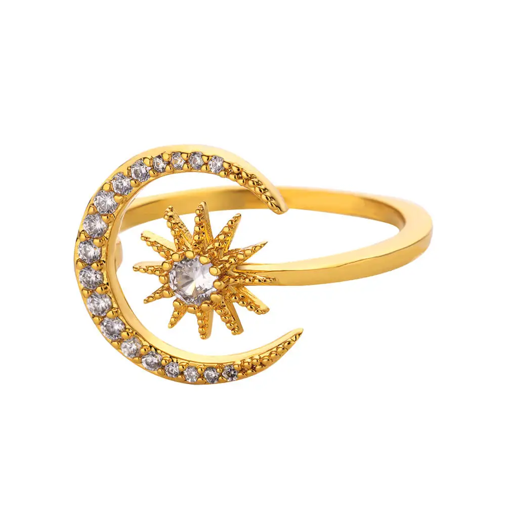 Dainty Zircon Stars Crescent Moon Rings for Women Stainless Steel Gold Color Geometric Wedding Ring Aesthetic Wedding Jewelry