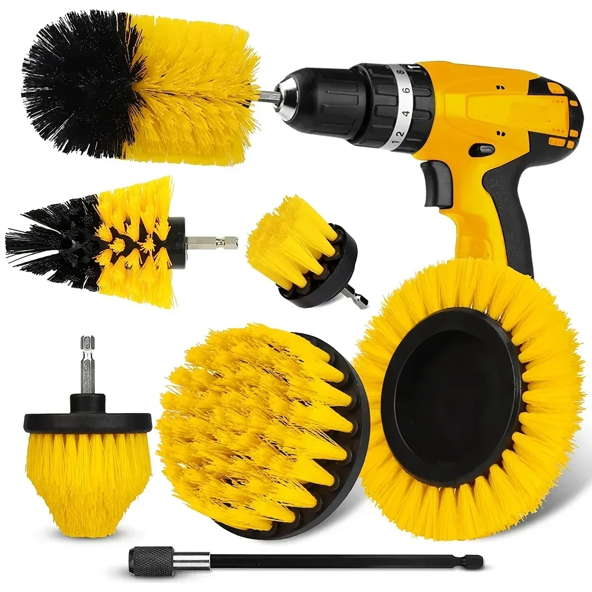 7-Piece Electric Drill Cleaning Brush Attachment Set, Cleaning Tools with Extension Pole Drill Brush for Home, Floor, Car