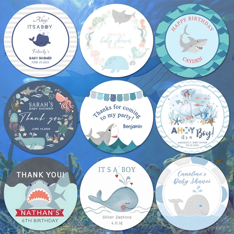 Personalized Shark Birthday Label Stickers Custom Fish Family Stickers for Kids Baby Shower Baptism Party Gift Decor Supplies