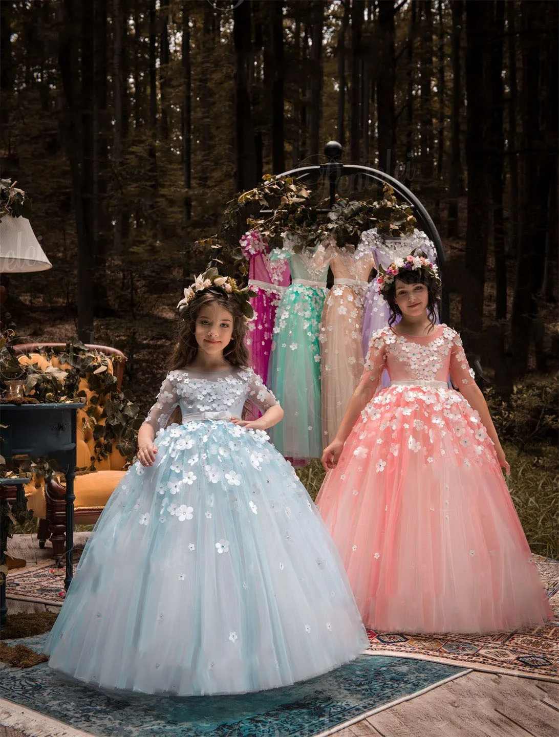 Vestidos de niña de flores de tul, vestido de desfile para boda, apliques florales en 3D, largo hasta el suelo, elegantes vestidos de primera comunión para fiesta de cumpleaños