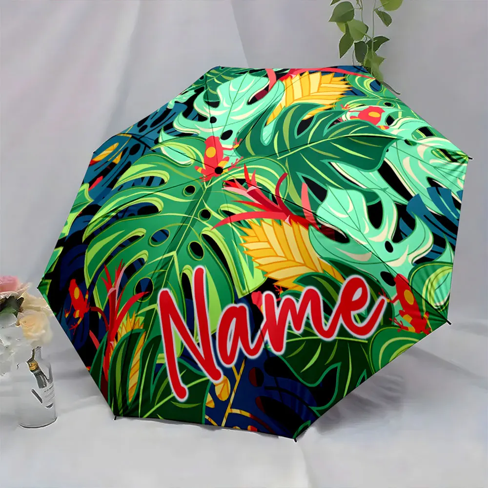 Custom Name Umbrella Tropical Jungle Leaf Pattern Umbrella Design Print 8 Iron Ribs Folding Umbrella Auto-Open Fashion Sunshade