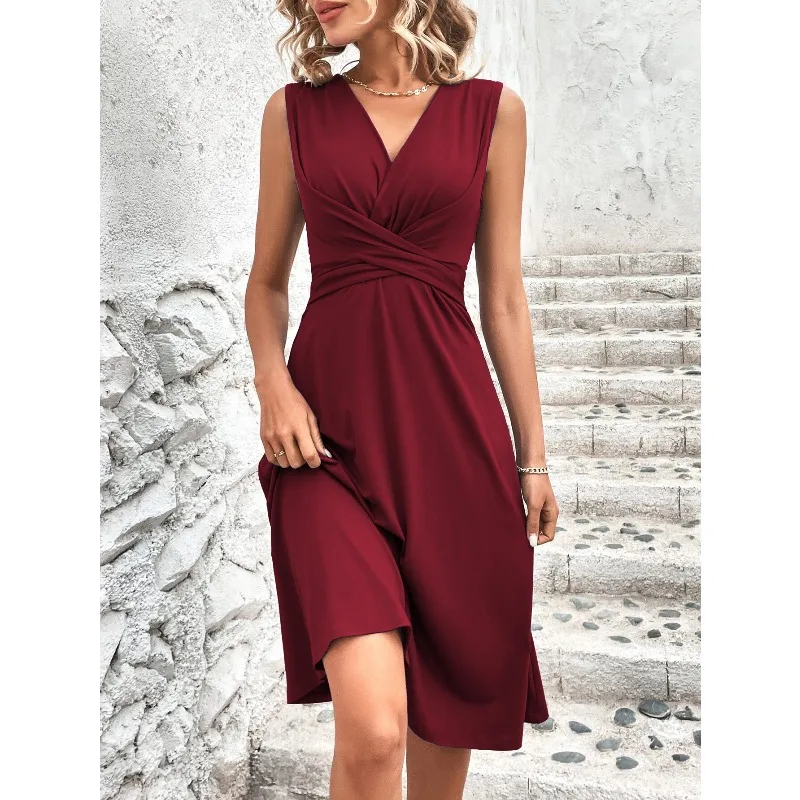 Jurken 2025, Vrouw Zomer Effen Kleur V-hals Taille Gebonden Cross-Front Geplooide Mouwloze Lange Jurk Vrouw Kleding Rokken Y2k