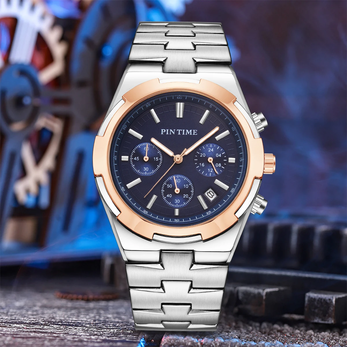 PINTIME Men's Watch 30M Waterproof Automatic Calendar Fashion Luxury Designer Geometric Case Multi Functional Men's Quartz Watch
