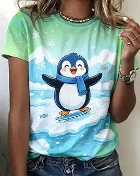Women Crew Neck Short Sleeve T‑shirt Cute Yellow Duckling Pond Grass Sun Cloud Cartoon Spring Nature Print Casual Tops