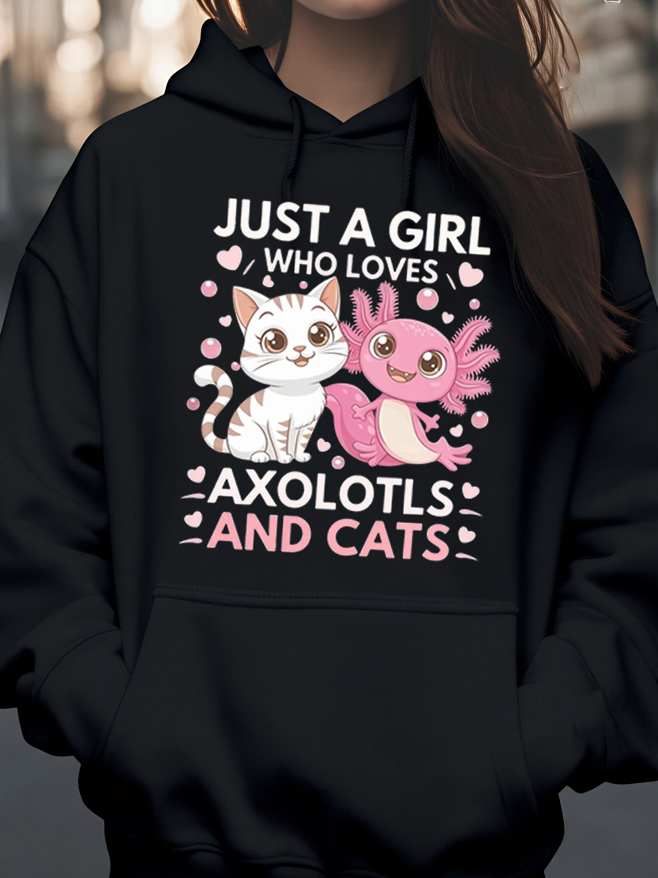 

Милая толстовка с принтом аксолотля и кошки на День святого Валентина, повседневная одежда, женская модная толстовка