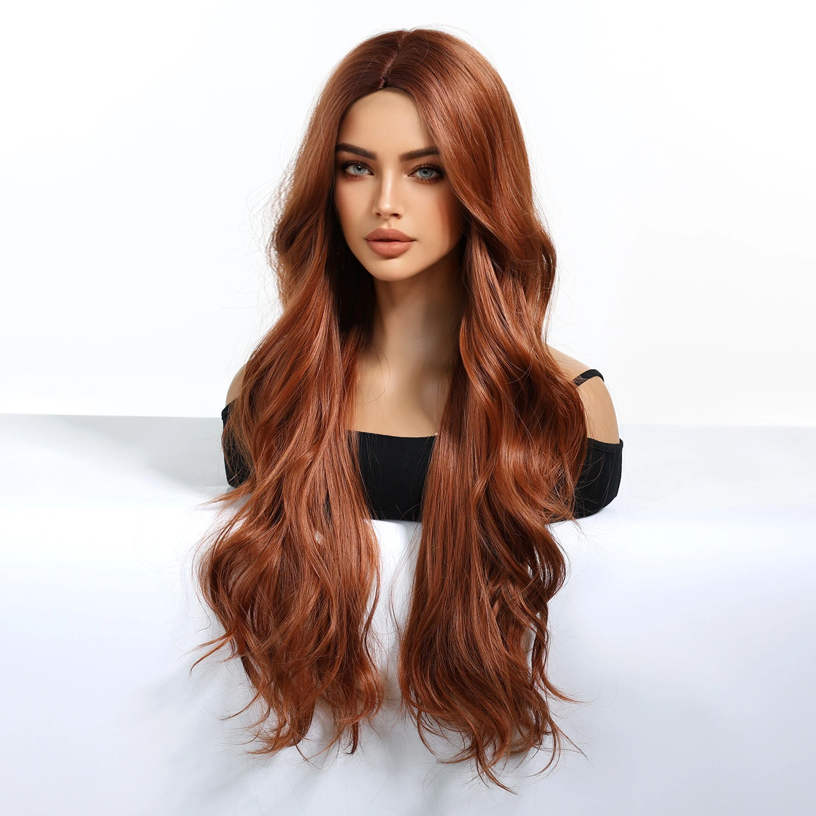 Long Wavy Medium Part Copper Red Brown Wig