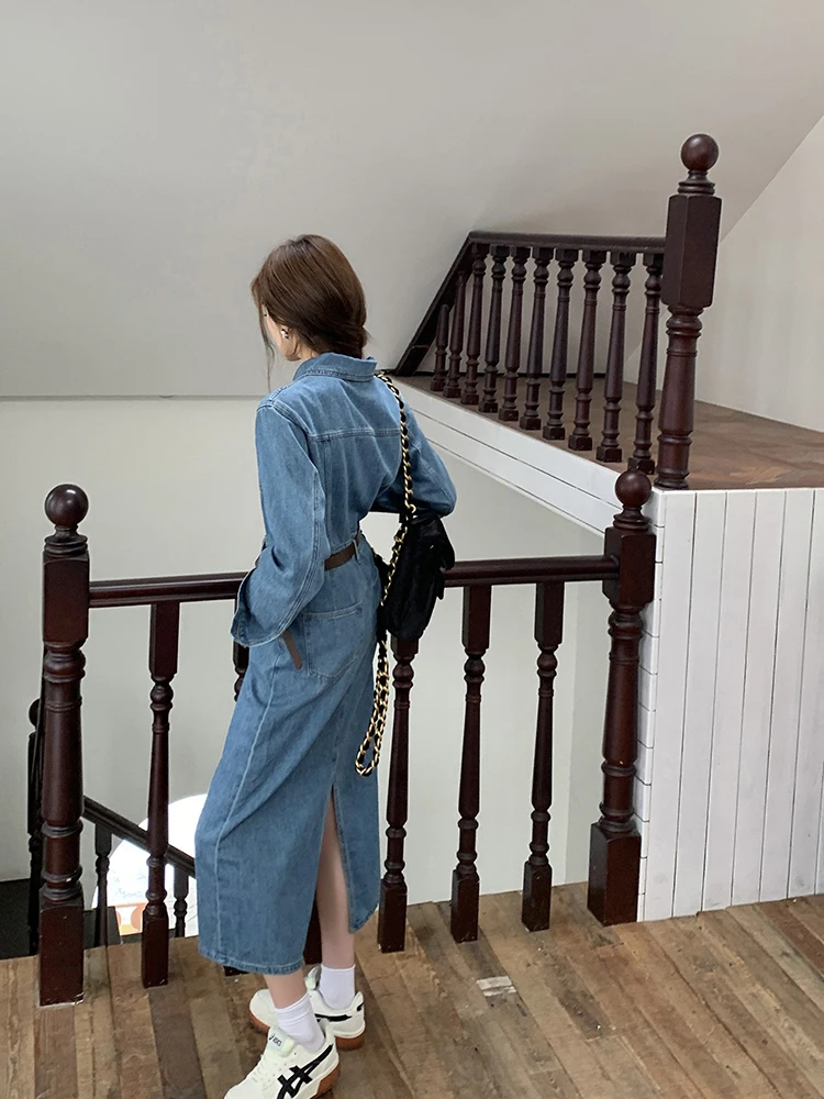 ReddaChic Denim Blue Split Midi Long Shirt Dress Women Polo Neck Pockets Long Sleeve Solid Midi Long One-piece Cowgirl Workwear