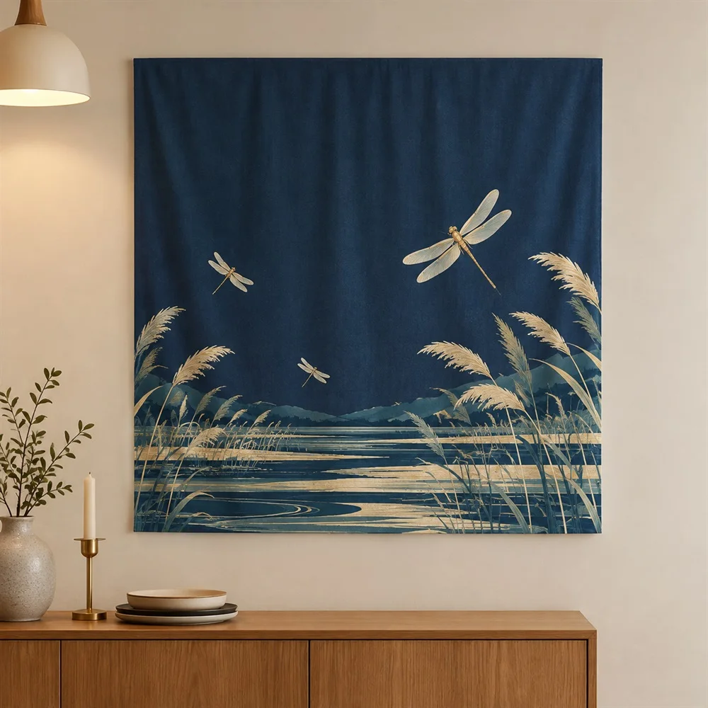 VIKAMA Dragonfly Reed Tapestry Wall Hanging, HD Print Wall Art, Nature Decor for Living Room Bedroom Bathroom Study
