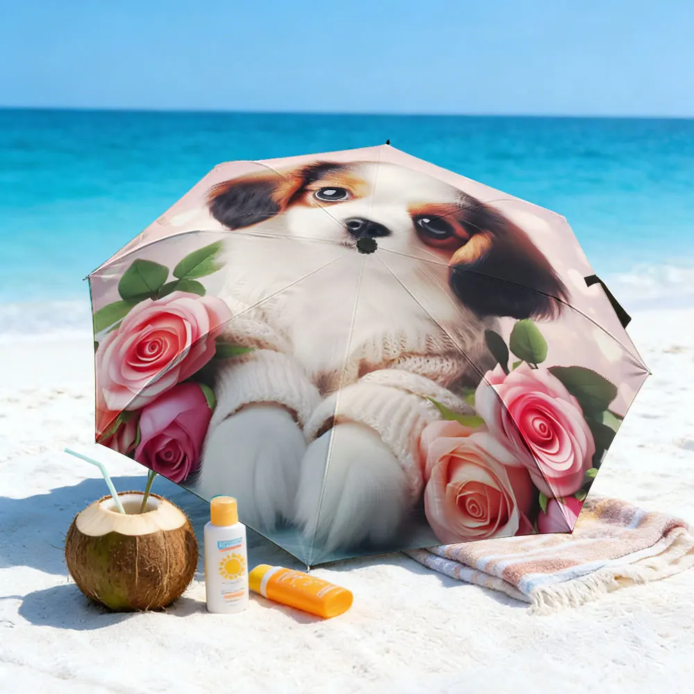 1PC Puppy and Roses Umbrella by the Lakeside Print 8 Iron Ribs Folding Umbrella Auto-Open Fashion Sunshade